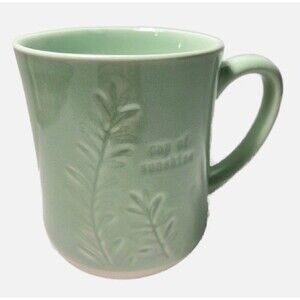 Complete Home Cup of Sunshine Coffee Mug Mint Green Debossed Leaf Pattern 14oz